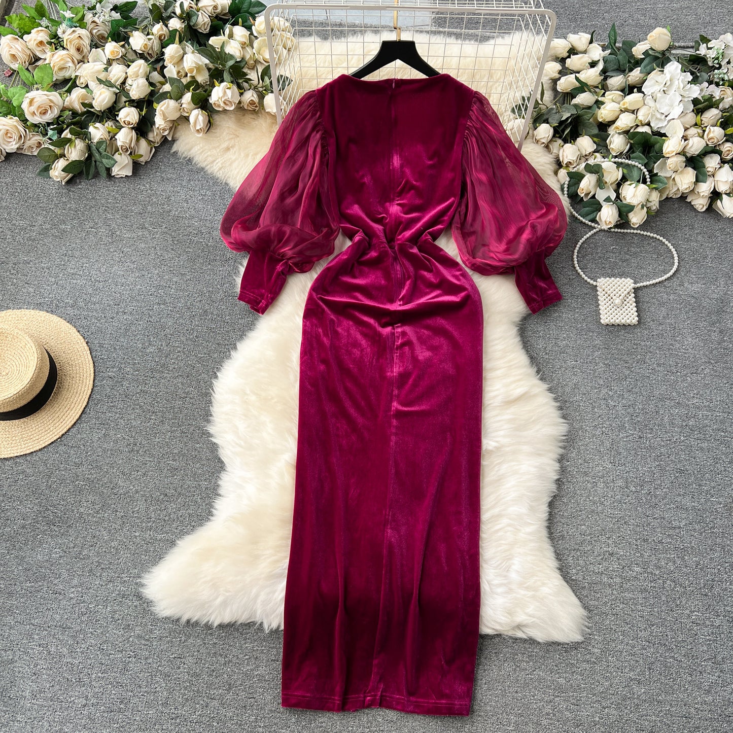 Vintage Velvet Lantern Sleeve Mid-Length Court Style Dress