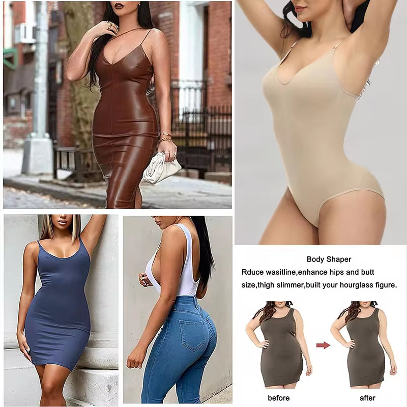 V-Neck Spaghetti Strap Compression Bodysuit with Open Crotch Shapewear for a Smooth Silhouette