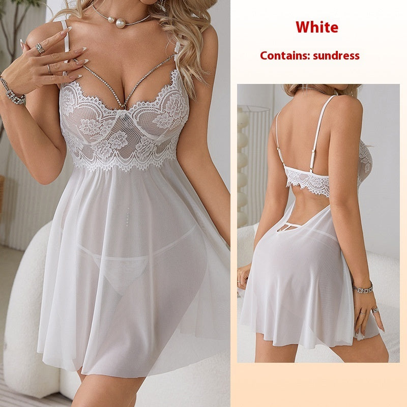 Seductive Lace Strap Hollow-Out See-Through Mesh Nightdress - Sexy Lingerie for Women"