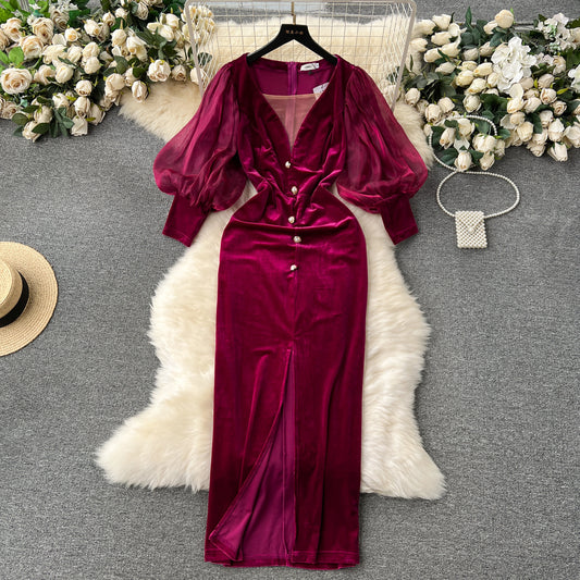 Vintage Velvet Lantern Sleeve Mid-Length Court Style Dress