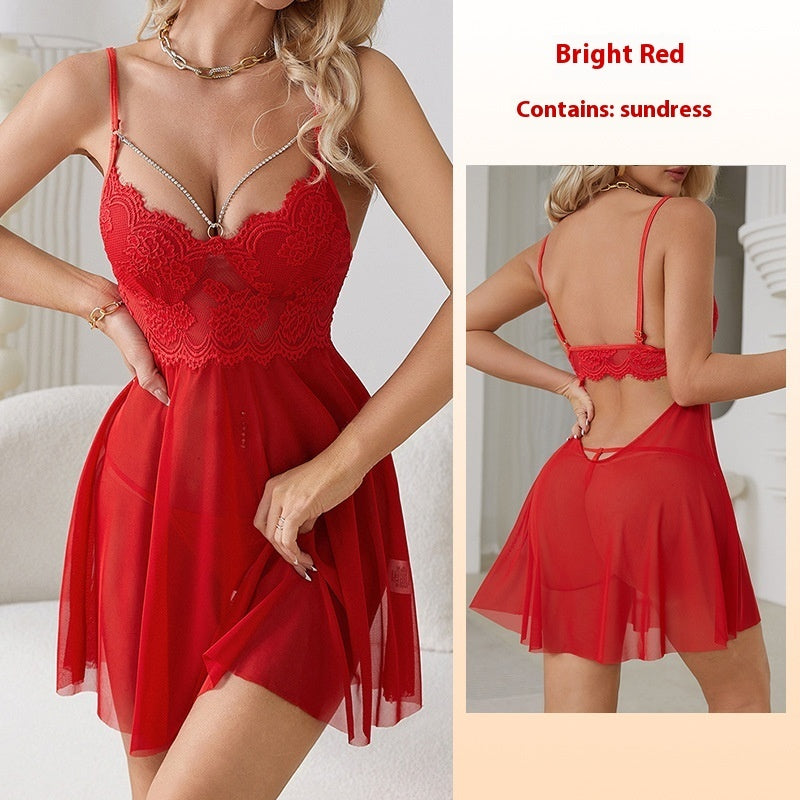 Seductive Lace Strap Hollow-Out See-Through Mesh Nightdress - Sexy Lingerie for Women"