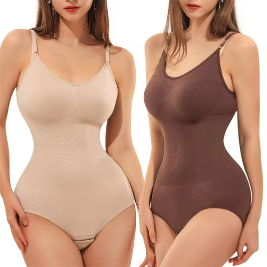 V-Neck Spaghetti Strap Compression Bodysuit with Open Crotch Shapewear for a Smooth Silhouette